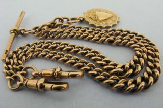 Heavy Antique Solid 9ct Rose Gold Double Albert Watch Chain T - Bar & Fob Bir 1919 3