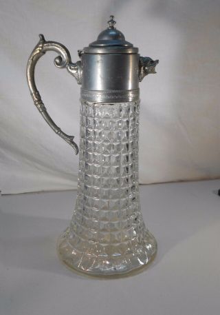 Vintage Wine Decanter With Metal Top & Handle Heavy Press Clear Glass