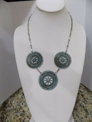 Vintage Sterling Silver Zuni Petit Point Turquoise Sectioned Necklace