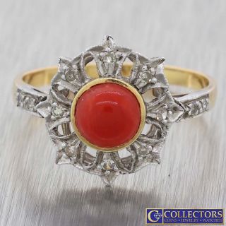 1930s Antique Art Deco Filigree 18k Yellow Gold Coral Diamond Cocktail Ring G8