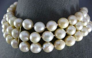 Estate Large Aaa South Sea Pearl 925 Silver 3d Three Row Choker Necklace 26064