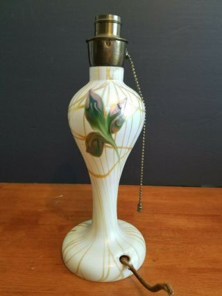 Antique Signed Quezal Glass Vine Flowers Or Leaves Lamp 12 1/8 " Ultra Rare E,  C