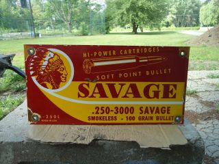 Vintage Savage Bullets Porcelain Advertising Sign Winchester Indian Remington