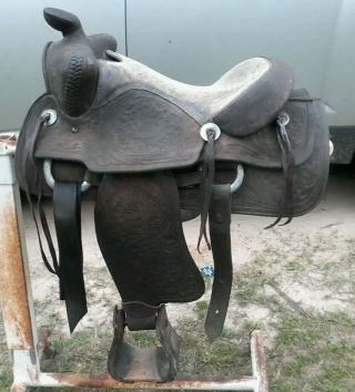 Vintage Western Saddle Heavy Duty 15 Inch Tooled Leather Roping Ranch Pleasure