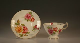Hammersley Quatrefoil Pink And Yellow Roses Cup And Saucer,  England