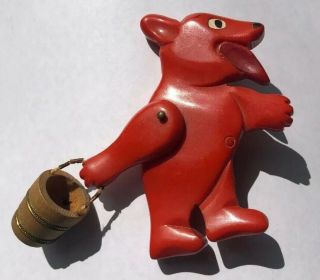 Vintage 30’s Solid Red Bakelite Pin Brooch W/bucket Moveable Arm Vintage