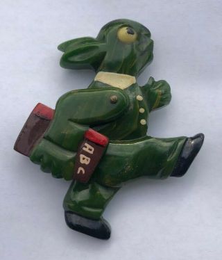 Vintage Green Swirl Bakelite Carved Rabbit Moveable Arm Pin Brooch Antique