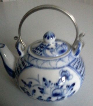 Small Teapot Bat Trang Co Ltd Phomex Ceramics Vietnam.  Blue,  White,  Silver Handle
