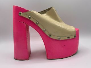 Vtg 60s 70s Hot Pink Neon Day Glow Wood White Vinyl Platform Shoes Very High 35