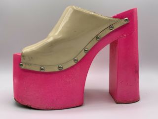 VTG 60s 70s Hot Pink Neon DAY GLOW WOOD White Vinyl Platform Shoes Very High 35 2