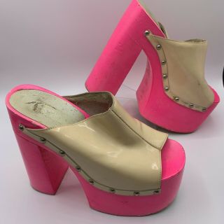 VTG 60s 70s Hot Pink Neon DAY GLOW WOOD White Vinyl Platform Shoes Very High 35 6