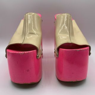 VTG 60s 70s Hot Pink Neon DAY GLOW WOOD White Vinyl Platform Shoes Very High 35 8