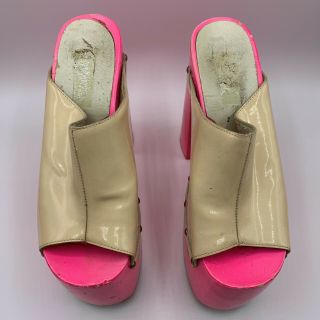 VTG 60s 70s Hot Pink Neon DAY GLOW WOOD White Vinyl Platform Shoes Very High 35 9