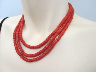Antique Victorian Natural Red Coral Beads 3 Rows Necklace
