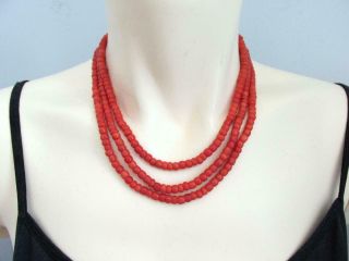 ANTIQUE VICTORIAN NATURAL RED CORAL BEADS 3 ROWS NECKLACE 2