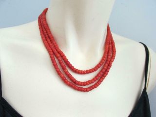 ANTIQUE VICTORIAN NATURAL RED CORAL BEADS 3 ROWS NECKLACE 3