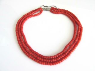 ANTIQUE VICTORIAN NATURAL RED CORAL BEADS 3 ROWS NECKLACE 4