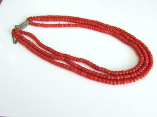 ANTIQUE VICTORIAN NATURAL RED CORAL BEADS 3 ROWS NECKLACE 5