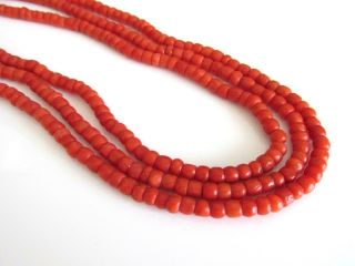 ANTIQUE VICTORIAN NATURAL RED CORAL BEADS 3 ROWS NECKLACE 6