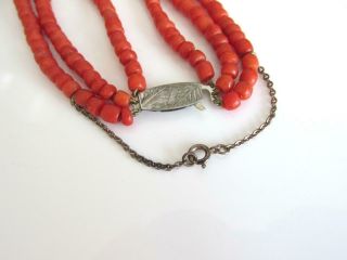 ANTIQUE VICTORIAN NATURAL RED CORAL BEADS 3 ROWS NECKLACE 7