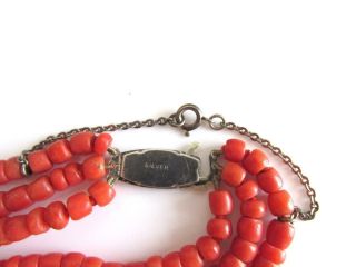 ANTIQUE VICTORIAN NATURAL RED CORAL BEADS 3 ROWS NECKLACE 8