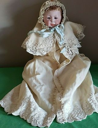 12” Simon & Halbig Bisque Head Character Baby W/ Skin Wig Antique Cloth