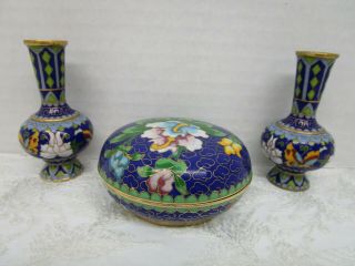 Vintage Cloisonne Enamel Bud Vases And Trinket Dish 3 Pc Set Blue Florals Brass