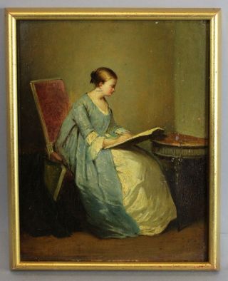19thc Antique Marguerite Gerard French Portrait Oil Painting,  Woman Reading Book
