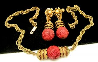 Rare Vintage Signed Miriam Haskell Asian Carved Necklace & 2 " Dangle Earring Set