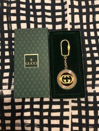 Vintage Gucci Gg Logo Gold,  Red And Green Key Ring Holder Charm Pendent