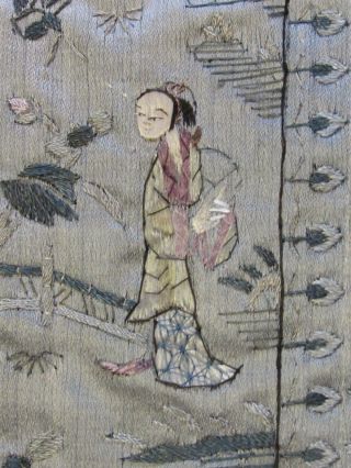 Fine Antique Asian Chinese Silk Embroidery Panel Figures in a Garden 7