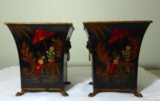 Pair Vintage Toleware Italian Made Pawfoot Cache Pots W/ Chinese Designs