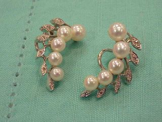 Vintage 14k White Gold 7 - 5 Mm Pearls &.  24 Ct Vs1 F Diamond Earrings Non - Pierced