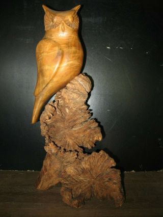 Vtg Hand Carved Hardwood,  " Horned Owl " On Burl Wood Root Stand Sclupture.  Signed