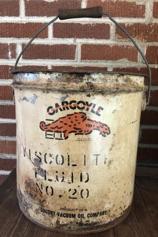 Vtg 1930s Mobiloil Gargoyle Viscolite Fluid No.  20 25 Oil Can Bucket Wood Handle