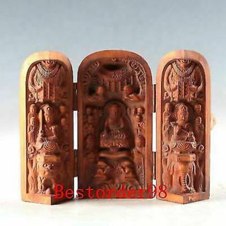 Chinese Wood Handwork Carved Three Statues Of Sakyamuni Three Open Box Cc0131