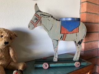 Old Wooden Donkey Or Pony / Horse Pull - Toy On Wheels - G.  B.  Lewis