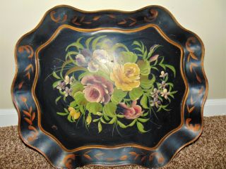 Antique Chippendale Style Large Tole Toleware Floral Shabby Chic Metal Tray 1