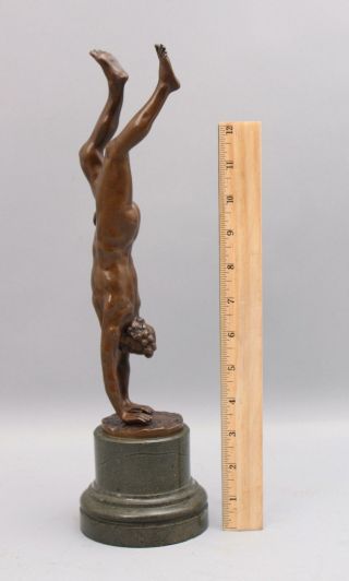 19thC Antique Bronze Sculpture Nude Man,  Handstand,  Acrobat,  Gymnast,  NR 2