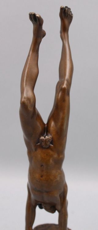 19thC Antique Bronze Sculpture Nude Man,  Handstand,  Acrobat,  Gymnast,  NR 6