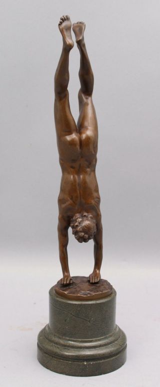 19thC Antique Bronze Sculpture Nude Man,  Handstand,  Acrobat,  Gymnast,  NR 8