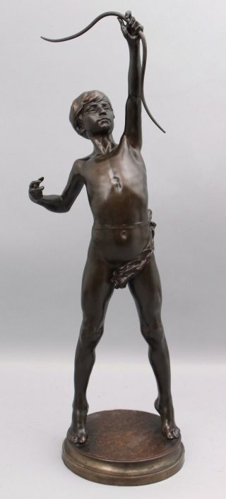 Antique French J.  A.  Gardet Nude Young Man Archer Bronze Sculpture Revolving Base