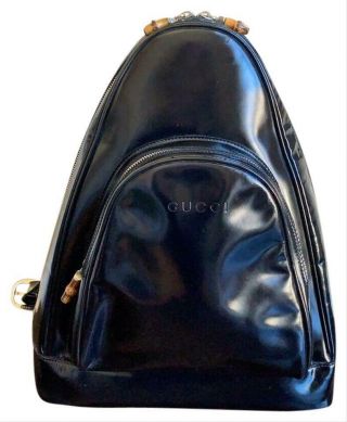 Authentic Vintage Gucci Black Patent Leather Backpack Bamboo Sling