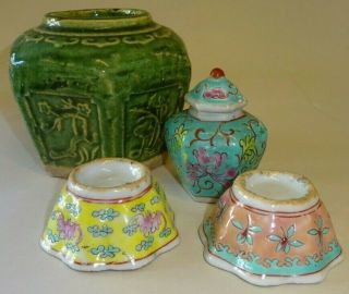 Antique Chinese Green Pottery Ginger Jar With Porcelain Dishes & Vase