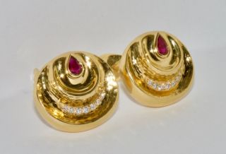 Vintage ANDREW CLUNN 18K Yellow Gold Diamond & Ruby Earclip Earrings 3