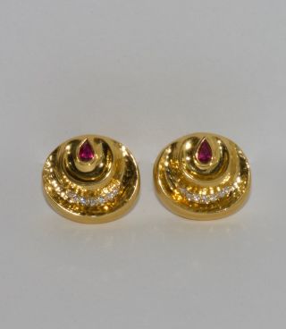 Vintage ANDREW CLUNN 18K Yellow Gold Diamond & Ruby Earclip Earrings 4