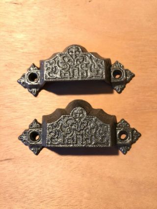 Two Antique Eastlake Vintage Originial Cast Iron Bin Pulls