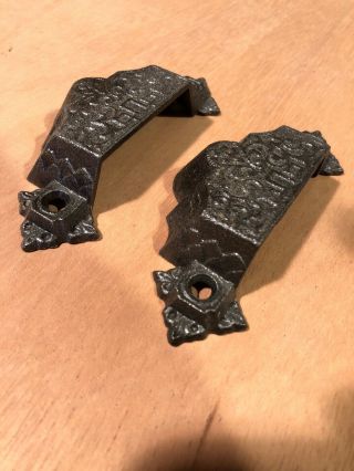Two Antique Eastlake Vintage Originial Cast Iron Bin Pulls 2
