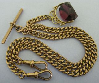 Antique Solid 9ct Rose Gold Double Albert Watch Chain T - Bar & Spinner Fob 1919