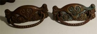 2 Antique Turn Of The Century Stamped Brass Drawer Pulls 3 " Hole To Hole